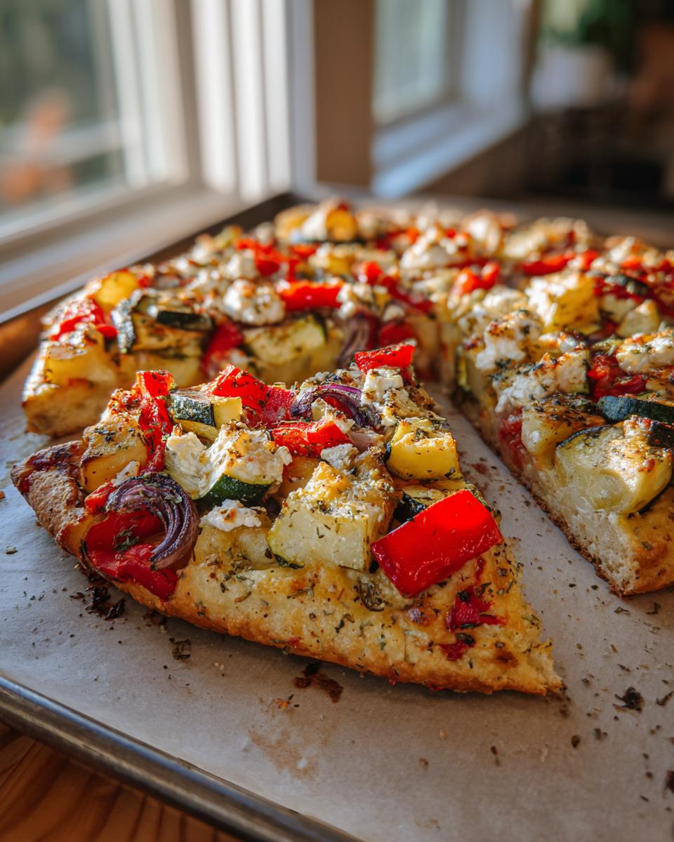 A slice of Feta Kartoffeln Ofengemüse (oven-baked potatoes and vegetables with feta) on a baking sheet.