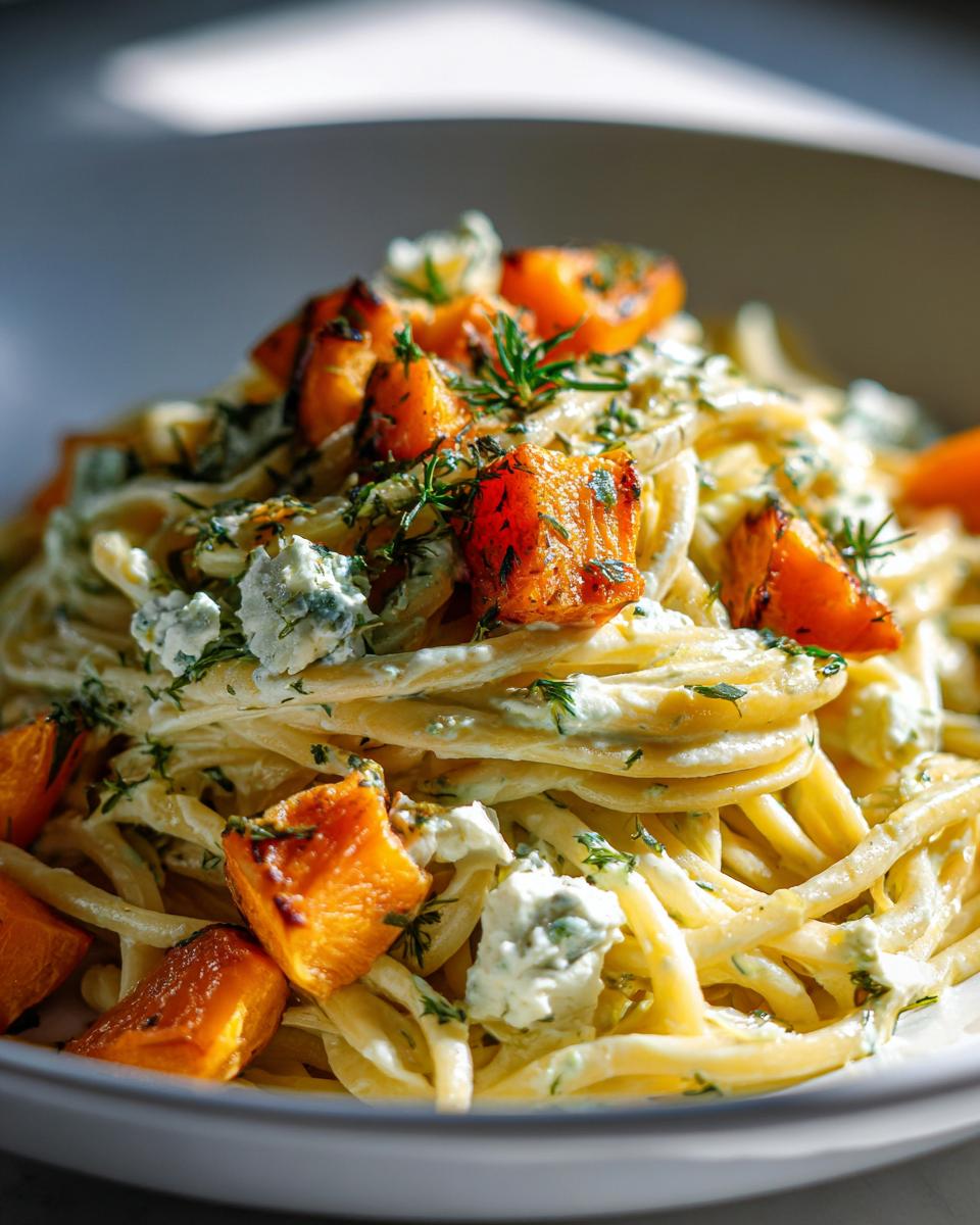 Close-up of Feta-Pasta mit Hokkaido-Kürbis, showing pasta, feta cheese, and roasted pumpkin.