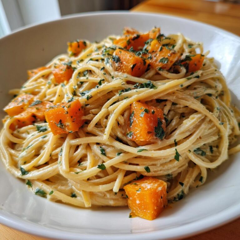Close-up of Feta-Pasta mit Hokkaido-Kürbis in a white bowl, garnished with fresh herbs.