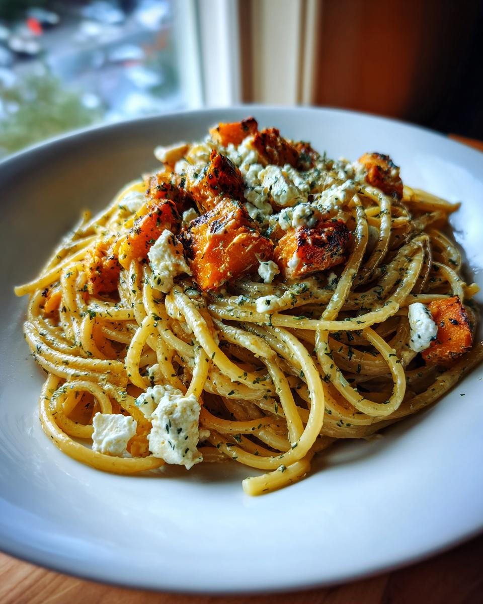 Close-up of Feta-Pasta mit Hokkaido-Kürbis, showing pasta, feta, roasted pumpkin, and herbs on a white plate.