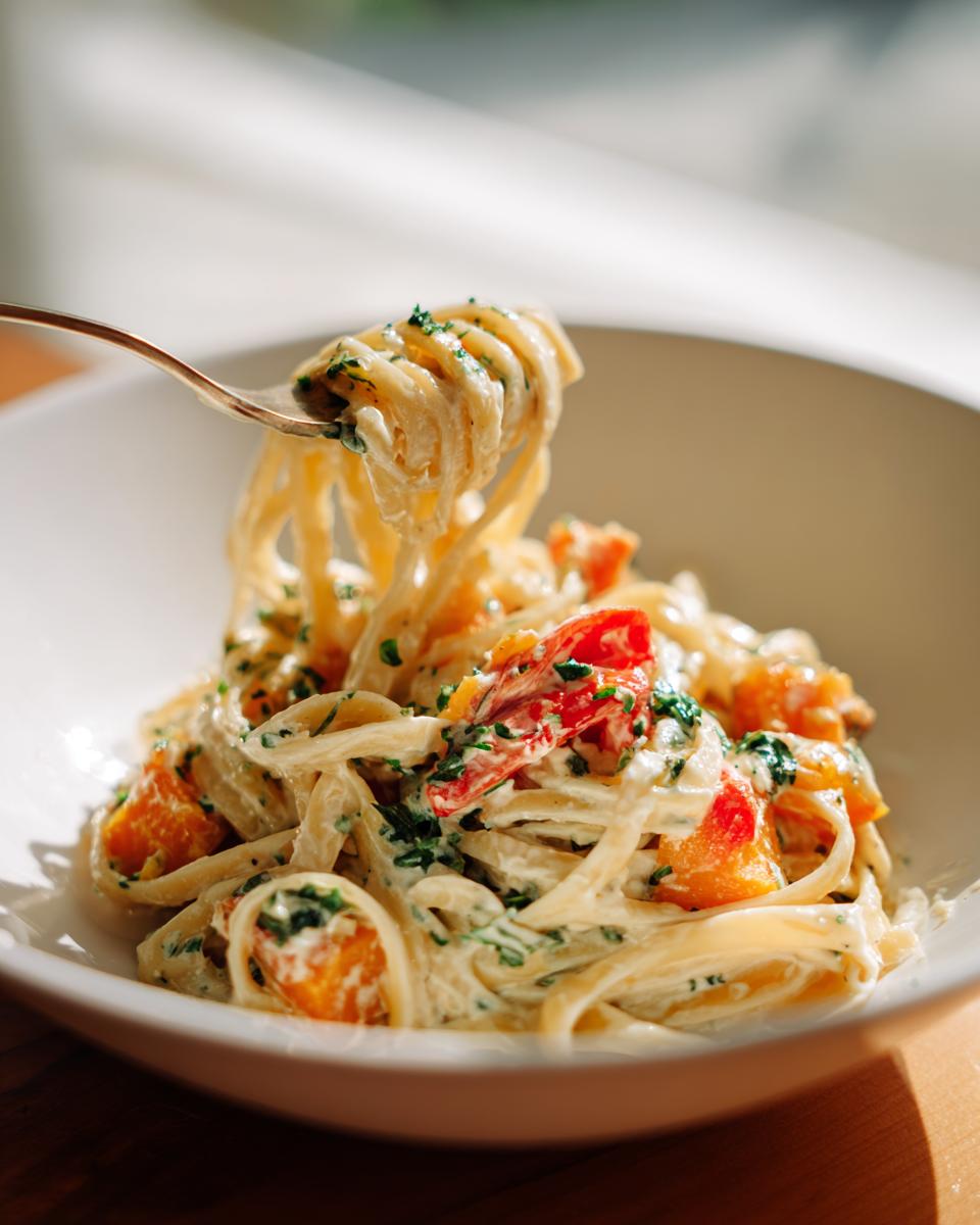 Close-up of Feta-Pasta mit Hokkaido-Kürbis on a fork, showing creamy sauce and pumpkin pieces.