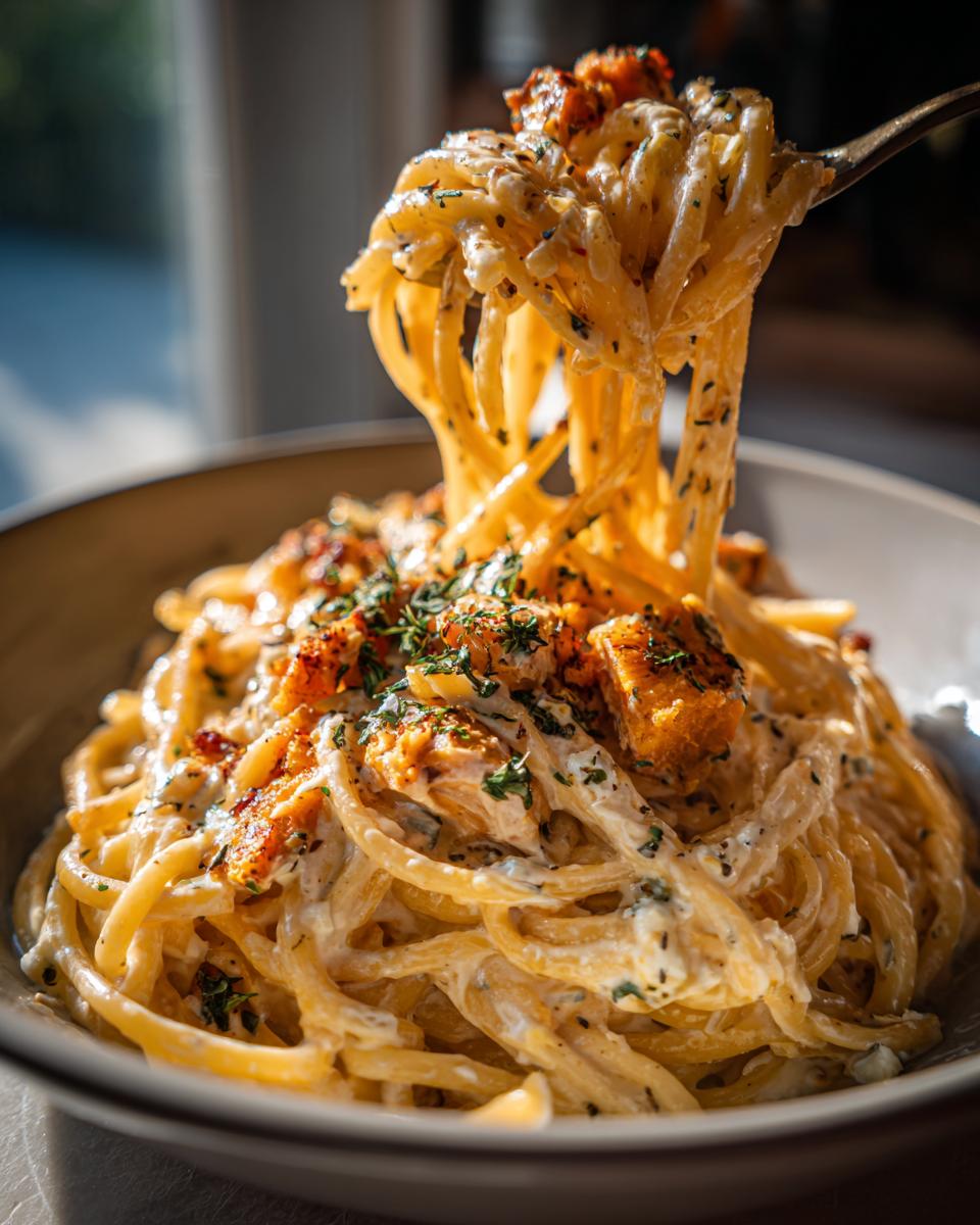 Close-up of Feta-Pasta mit Hokkaido-Kürbis on a fork, showing creamy sauce and pumpkin pieces.