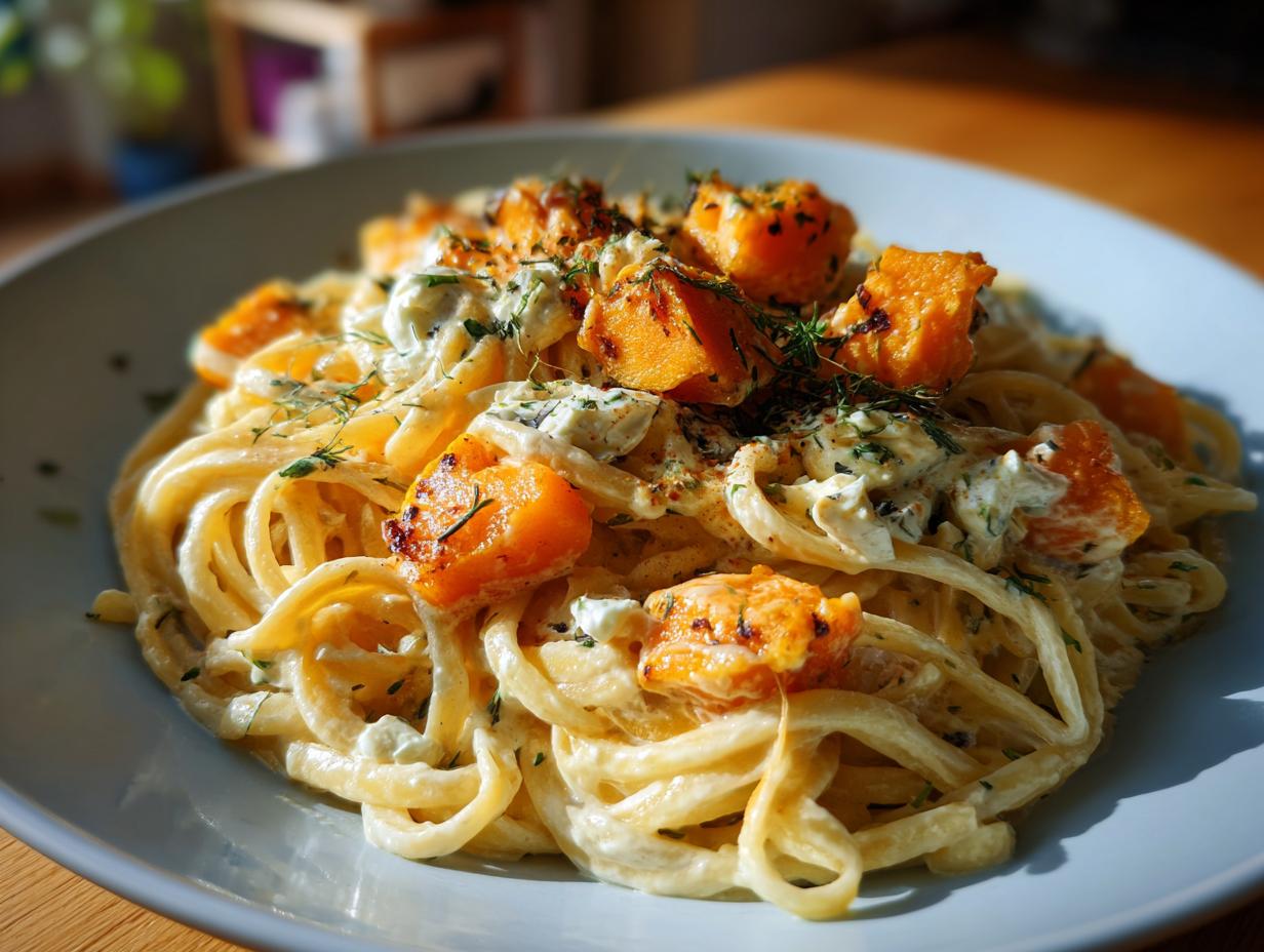 Close-up of Feta-Pasta mit Hokkaido-Kürbis on a plate, garnished with herbs.