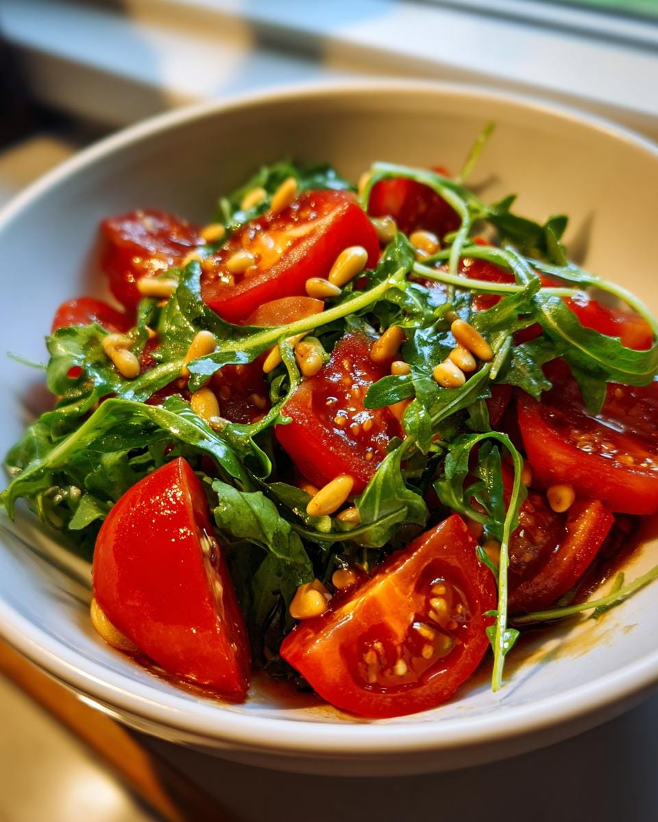 Frischer Tomaten-Rucola-Salat mit Pinienkernen in einer Schüssel, nahaufnahme.