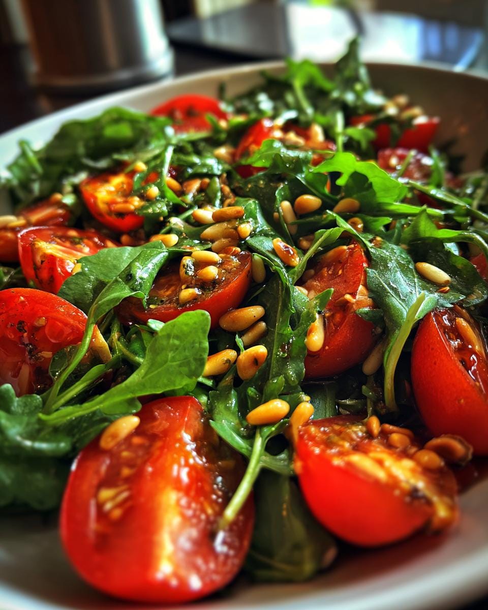 Close-up of Frischer Tomaten-Rucola-Salat mit Pinienkernen, showing tomatoes, arugula, and pine nuts.