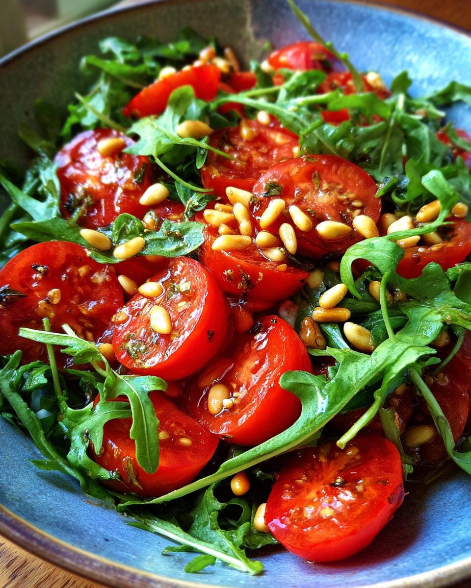 Close-up of Frischer Tomaten-Rucola-Salat mit Pinienkernen in a blue bowl.