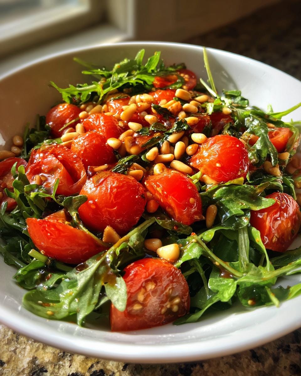 Close-up of Frischer Tomaten-Rucola-Salat mit Pinienkernen in a white bowl, featuring tomatoes, arugula, and pine nuts.