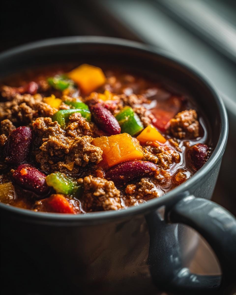 Close-up of a bowl of Friss-dich-dumm, a German beef and bean stew with peppers and spices.