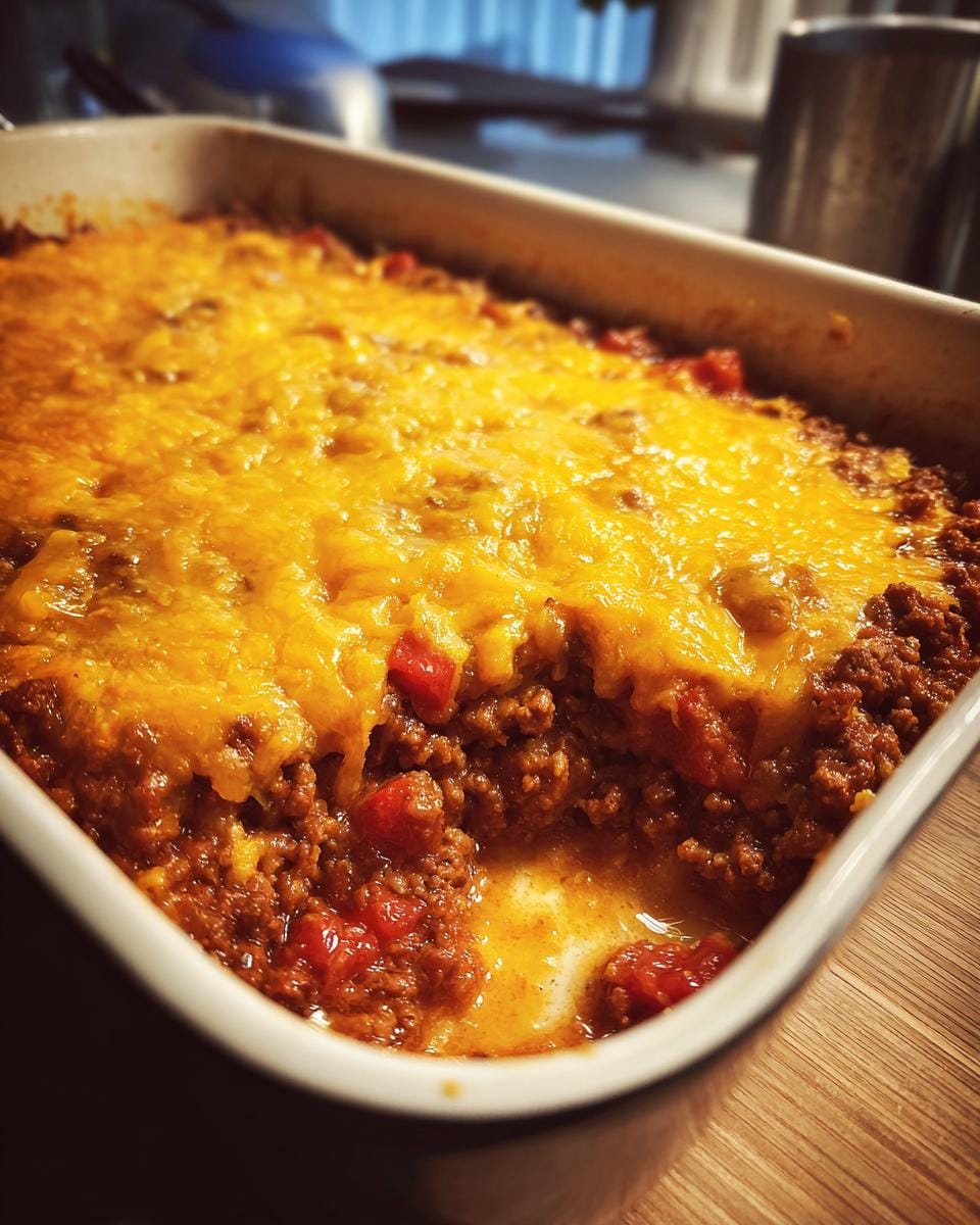 Close-up of a delicious Der beste Friss-dich-dumm casserole with melted cheese topping in a baking dish.