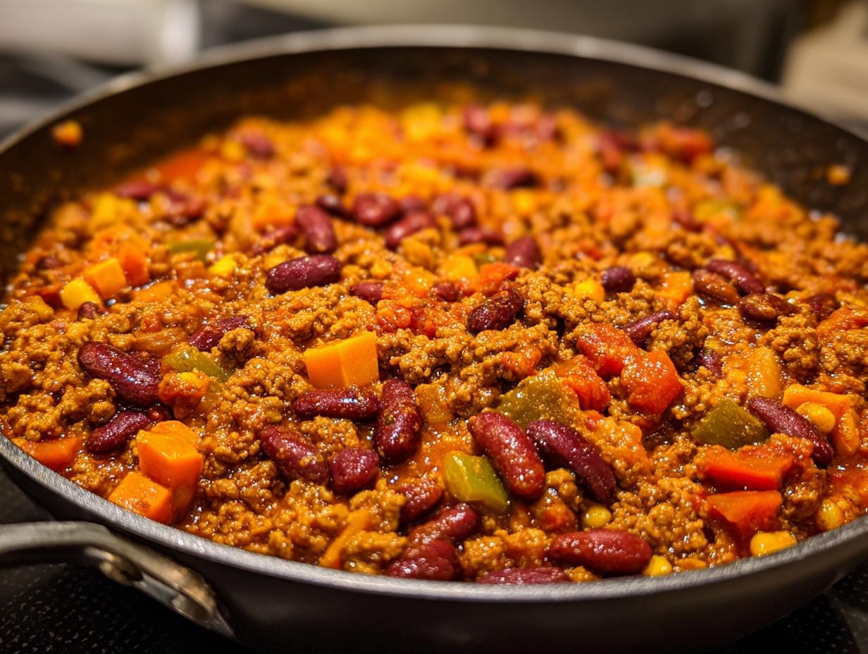 Pan filled with hearty Friss-dich-dumm, featuring ground meat, beans, and colorful vegetables.