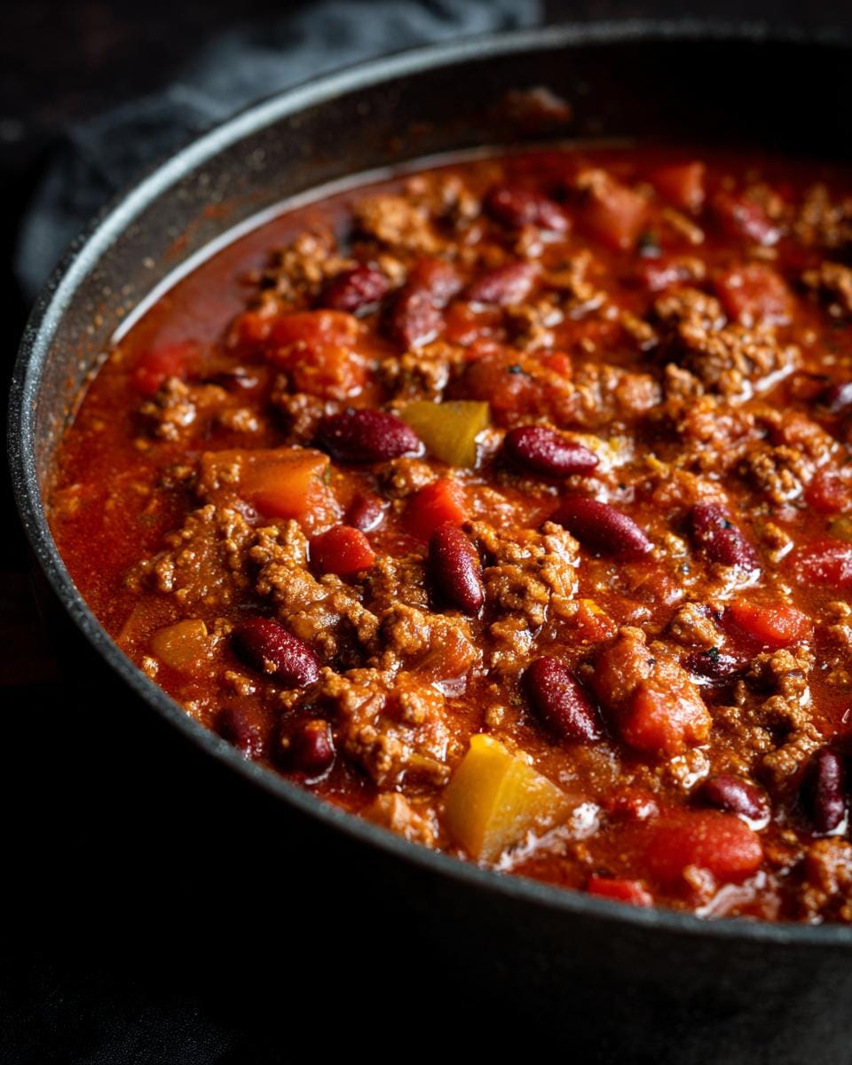 Close-up of a pan filled with Friss-dich-dumm, a hearty stew with ground meat, beans, and vegetables.