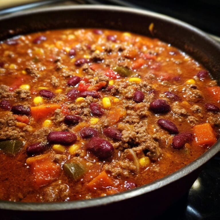 Close-up of a hearty Friss-dich-dumm stew with kidney beans, corn, and ground beef simmering in a pot.