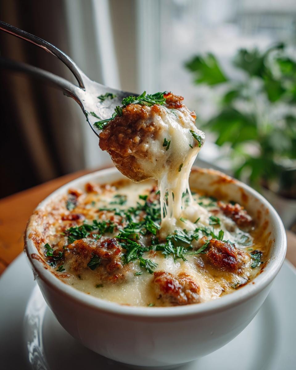 Spoonful of Friss-dich-dumm-Suppe, a creamy cheese soup with ground meat, garnished with parsley.