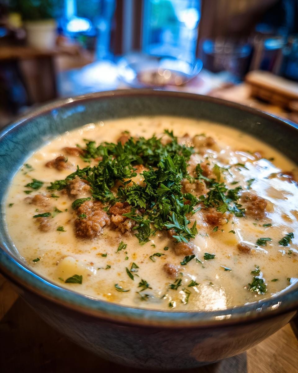 Bowl of Friss-dich-dumm-Suppe, a creamy German cheese soup with ground meat and parsley garnish.