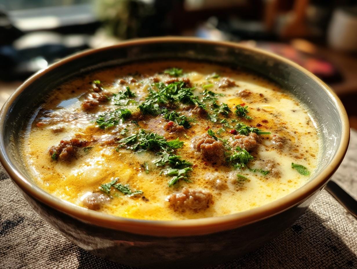 Bowl of Friss-dich-dumm-Suppe, a creamy cheese soup with ground meat and parsley garnish.