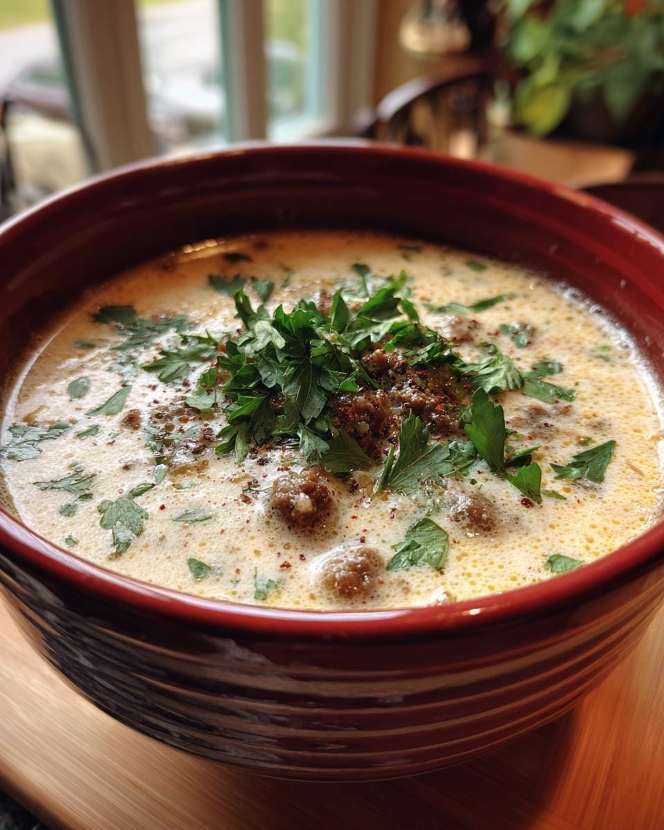 Nahaufnahme einer Schüssel Friss-dich-dumm-Suppe mit Hackfleisch und Petersilie.