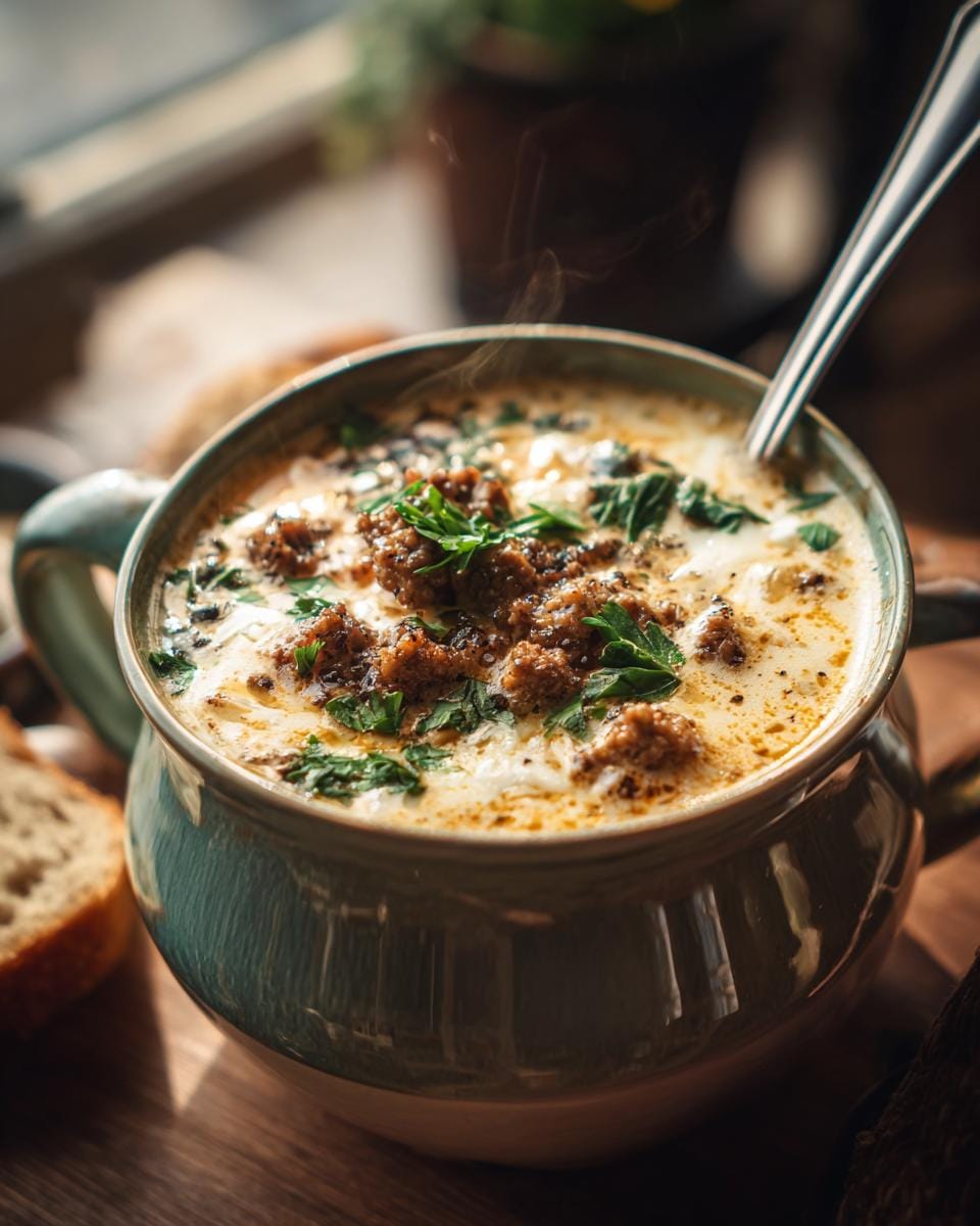Nahaufnahme einer Schüssel Friss-dich-dumm-Suppe, garniert mit Petersilie und Hackfleisch.