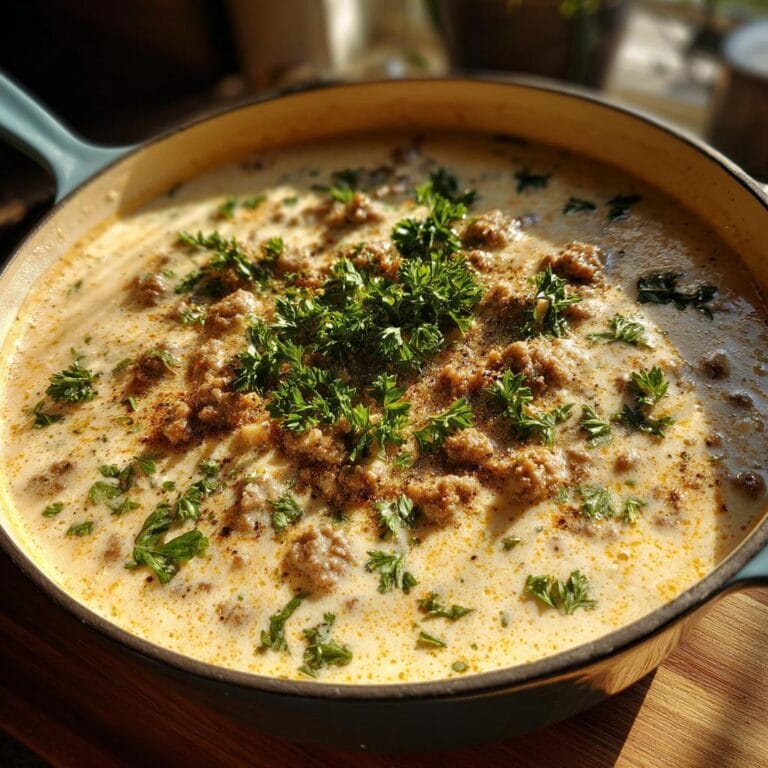 Nahaufnahme einer cremigen Friss-dich-dumm-Suppe mit Hackfleisch und Petersilie in einer Pfanne.