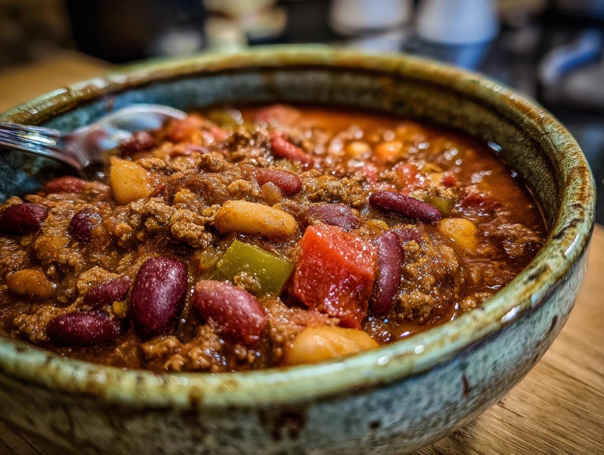 Close-up of Friss-dich-dumm-Topf in a bowl, featuring beans, meat, and vegetables. A hearty German stew.