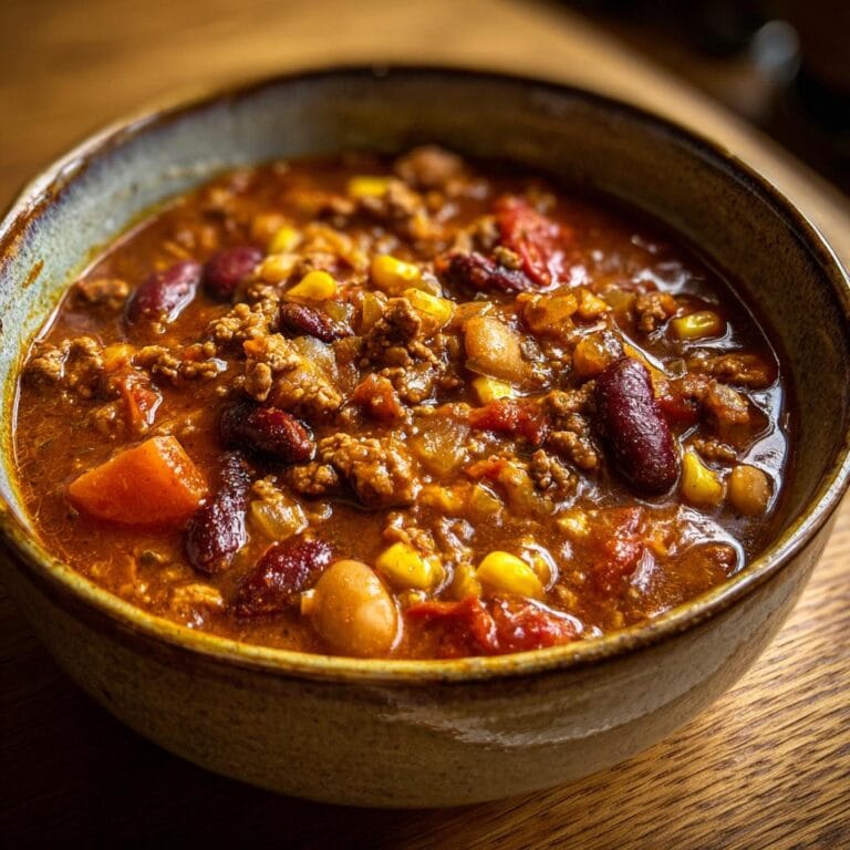 Close-up of Friss-dich-dumm-Topf, a hearty German stew with beans, corn, meat, and vegetables in a rustic bowl.