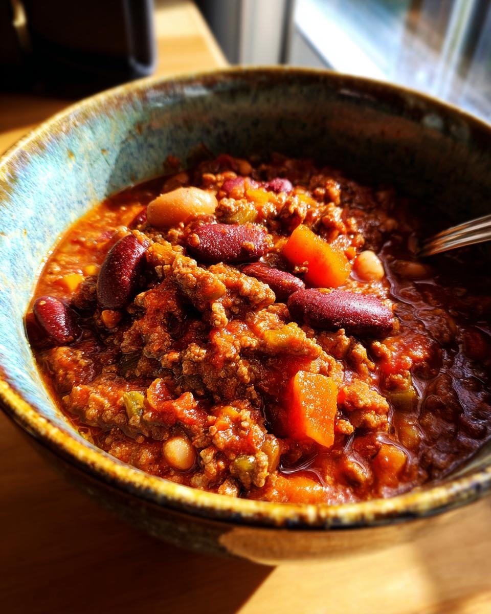 Close-up of Friss-dich-dumm-Topf in a bowl, showing ground meat, beans, and vegetables.