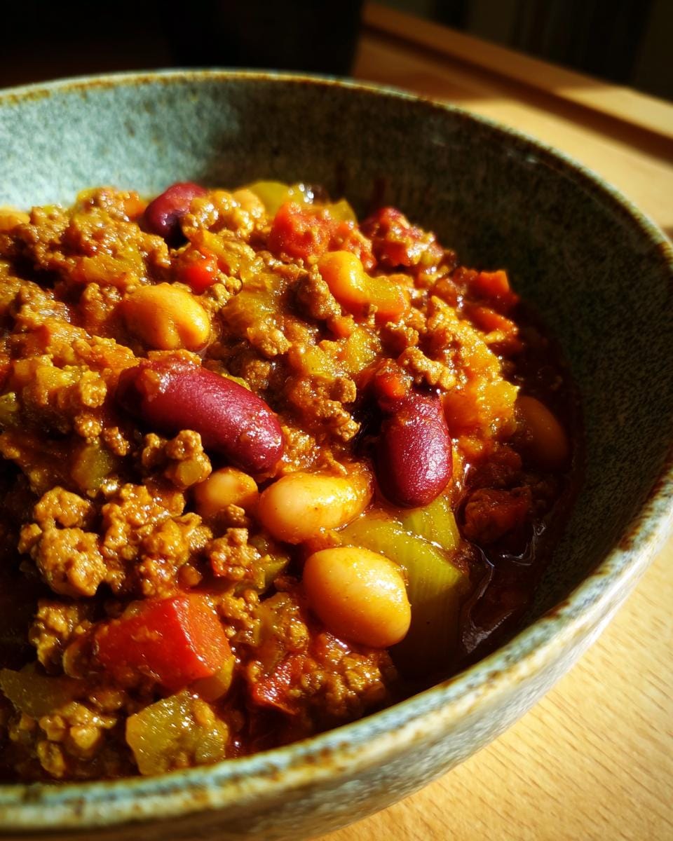 Close-up of Friss-dich-dumm-Topf in a bowl, showcasing ground meat, beans, and vegetables.