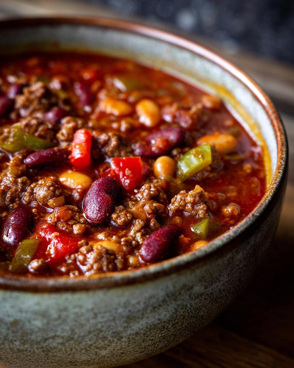 Close-up of Friss-dich-dumm-Topf in a rustic bowl, showing beans, ground meat, and peppers.
