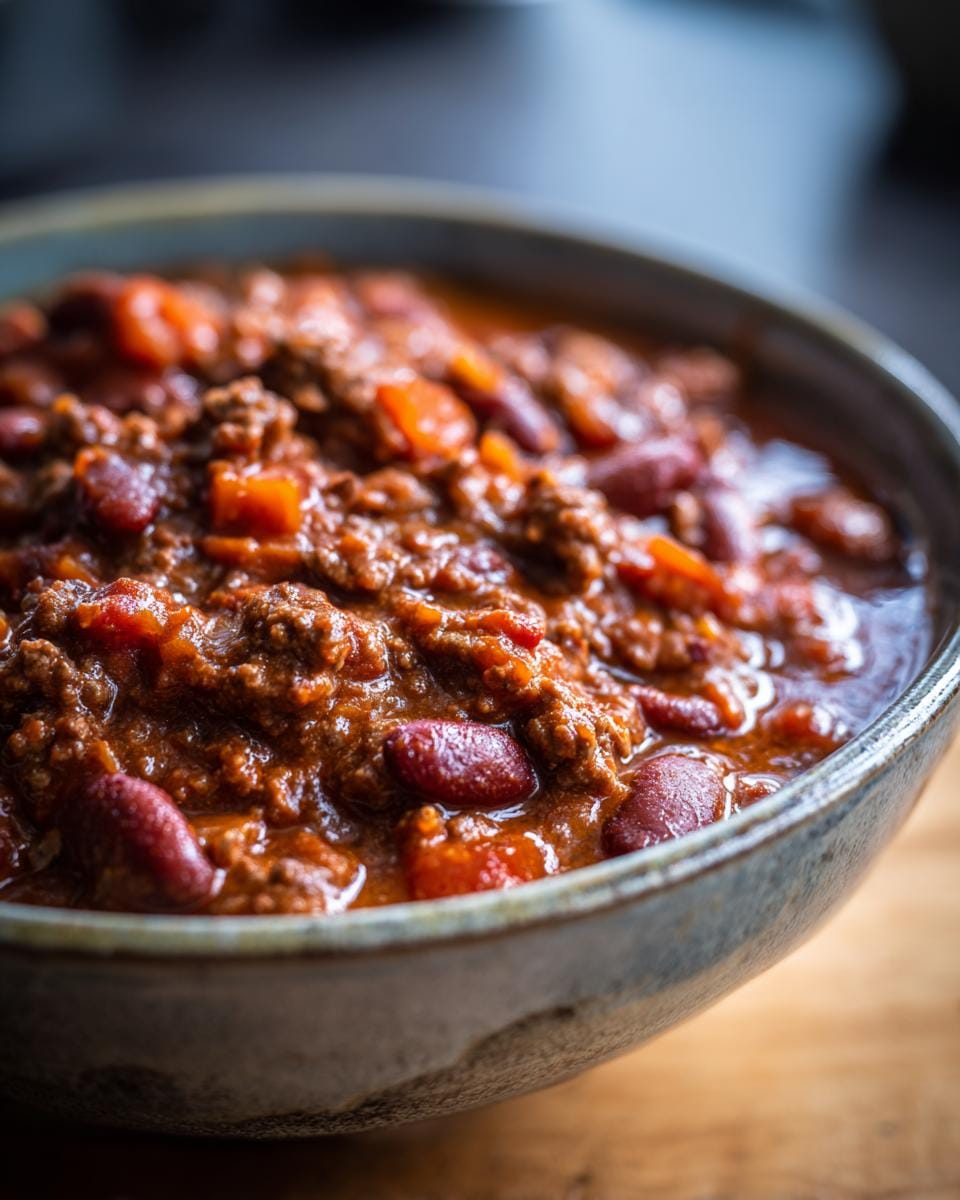 Close-up of a bowl of Der beste Friss-dich-dumm-Topf ever!, featuring ground meat, kidney beans, and tomatoes.