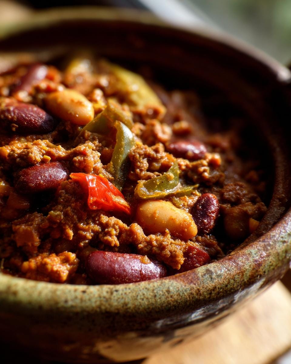 Nahaufnahme eines herzhaften Friss-dich-dumm-Topf Gerichtes in einer rustikalen Schüssel, mit Bohnen, Paprika und Hackfleisch.