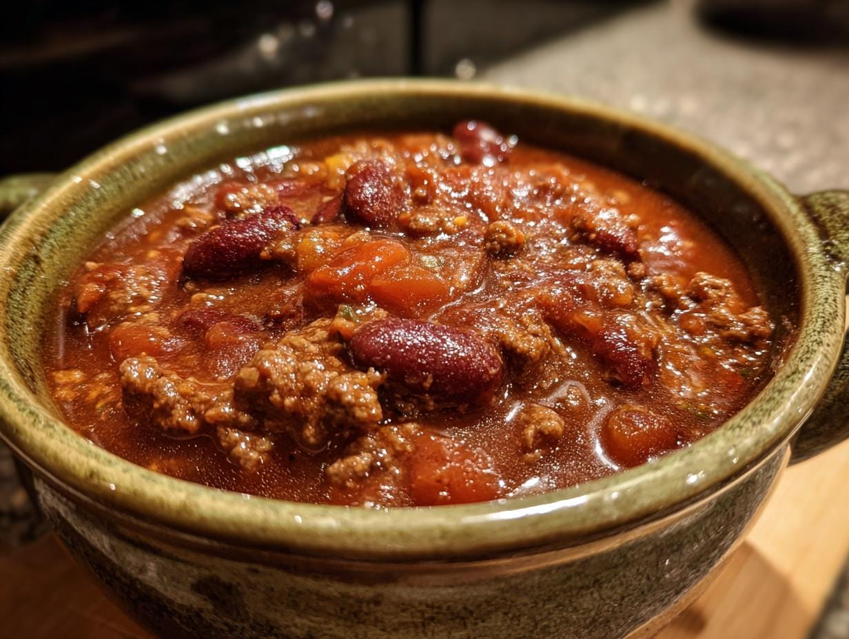 Nahaufnahme von Der beste Friss-dich-dumm-Topf ever! in einer grünen Schüssel, mit Kidneybohnen und Fleisch.