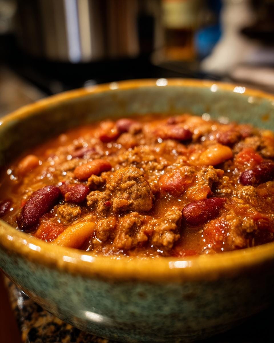 Close-up of a bowl of hearty stew, featuring beans and meat, perfect for Der beste Friss-dich-dumm-Topf ever!