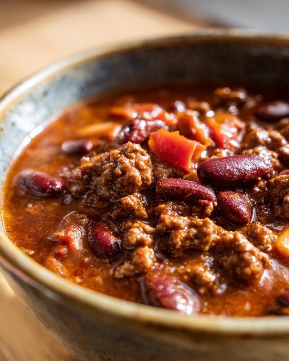 A close-up of Der beste Friss-dich-dumm-Topf ever! in a bowl, featuring beans, meat, and vegetables.
