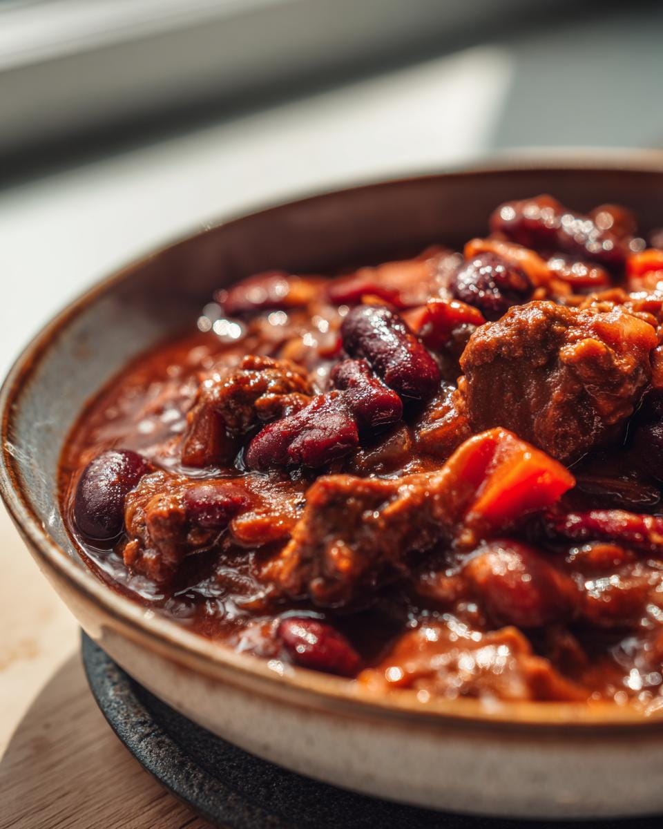 Close-up of a hearty stew, featuring kidney beans and meat, perfect for Friss-dich-dumm-Topf.