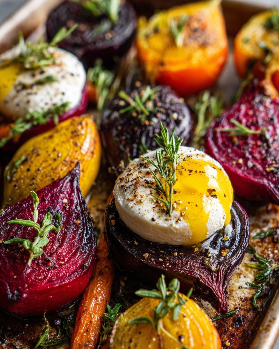 Close-up of Gebratene Rote Bete und Karotten mit Burrata, garnished with herbs on a baking sheet.