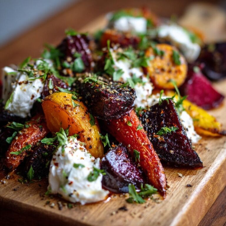 Gebratene Rote Bete und Karotten mit Burrata, serviert auf einem Holzbrett, garniert mit Kräutern.