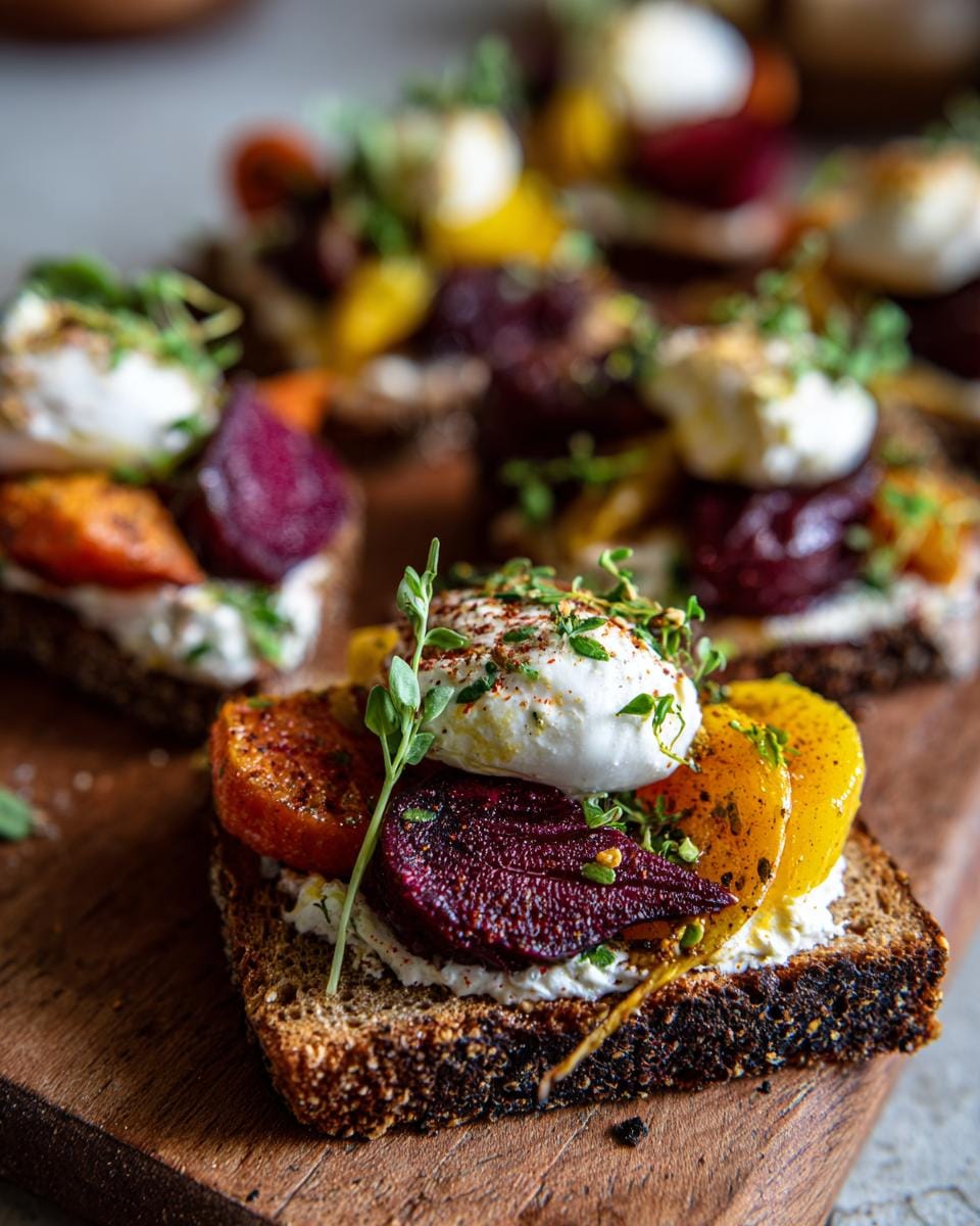 Close-up of Gebratene Rote Bete und Karotten mit Burrata served on slices of dark bread, garnished with herbs.
