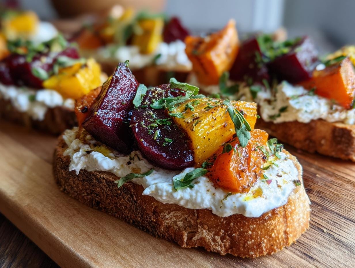 Toasts topped with Gebratene Rote Bete und Karotten mit Burrata and herbs on a wooden board.