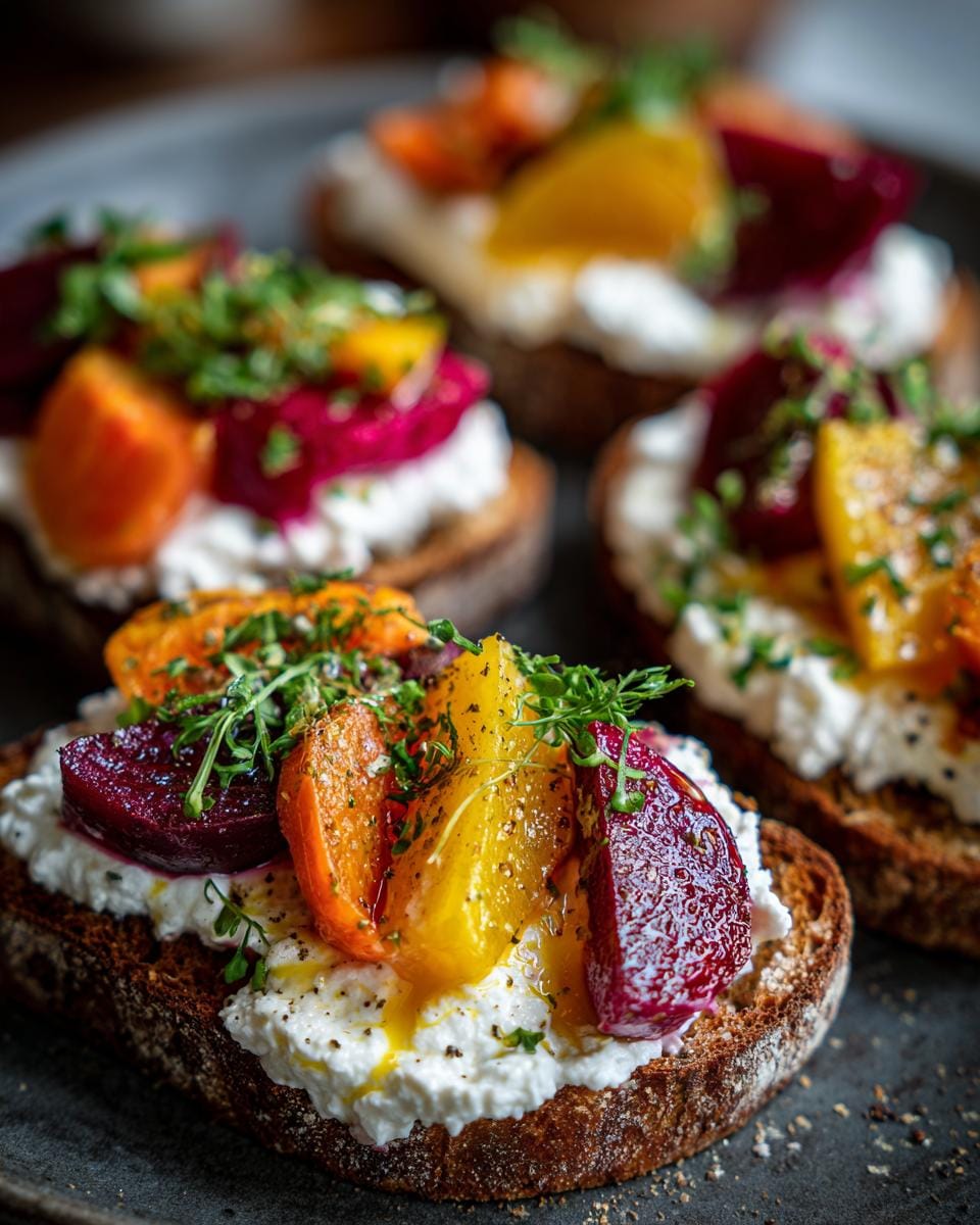 Toasts with Gebratene Rote Bete und Karotten mit Burrata, garnished with fresh herbs.