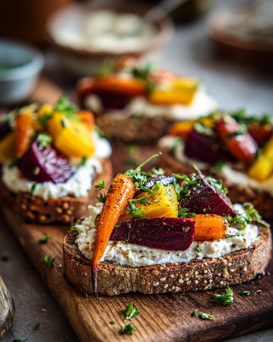 Toasts with Gebratene Rote Bete und Karotten mit Burrata on a wooden board, garnished with herbs.
