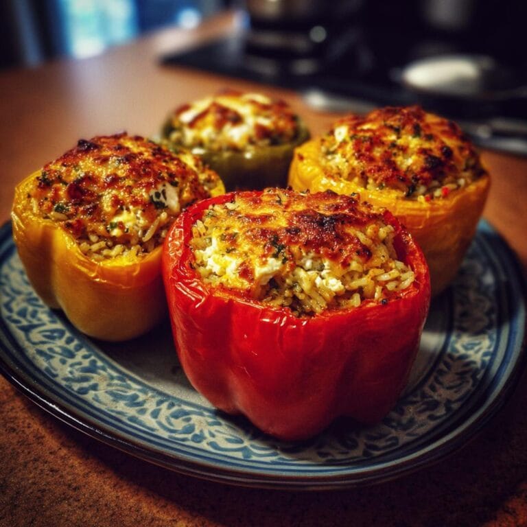 Colorful Gefüllte Paprika mit Reis & Feta, a simple vegetarian dish, served on a blue patterned plate.