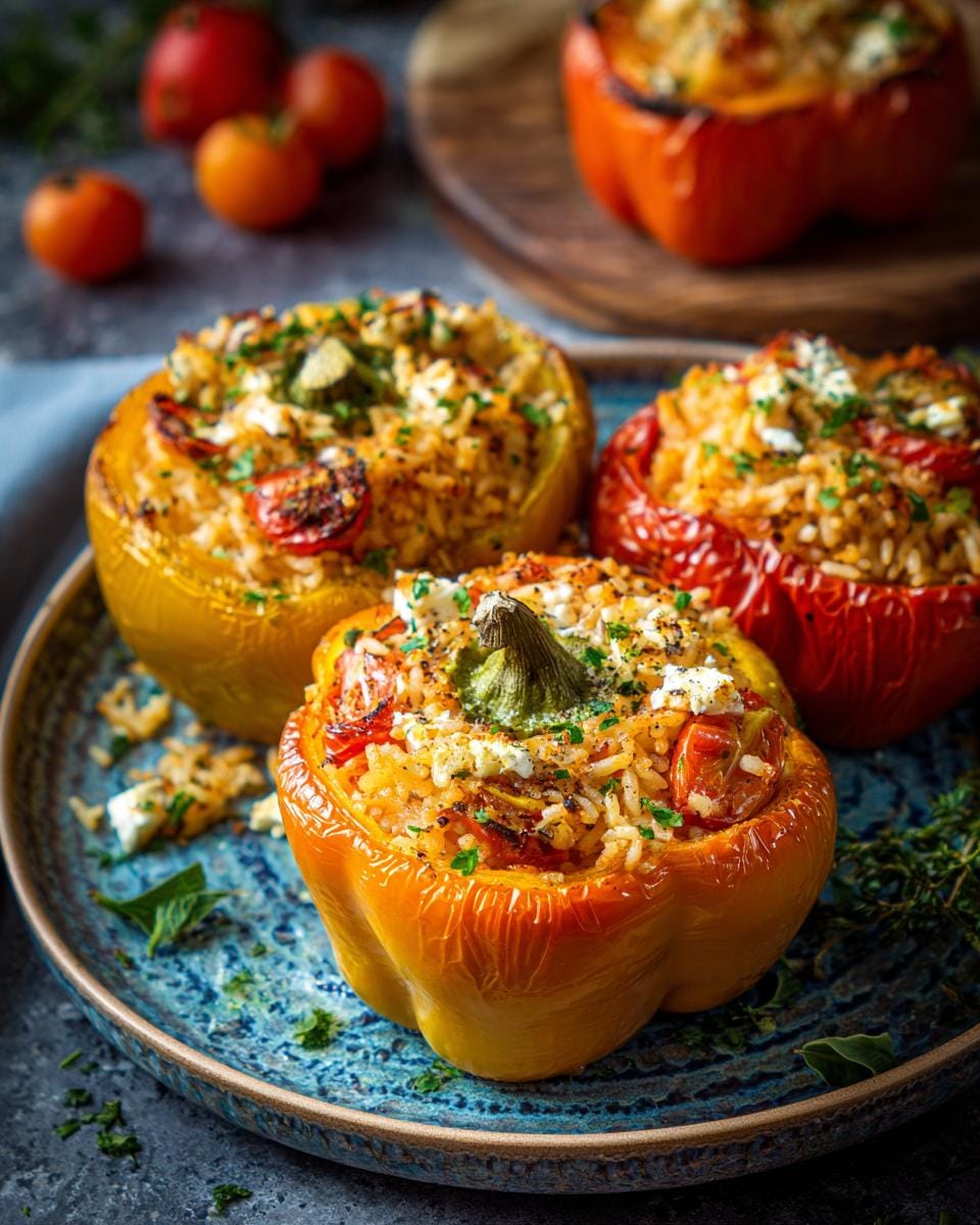 Close-up of Gefüllte Paprika mit Reis & Feta, a vegetarian dish with rice and feta stuffed peppers.