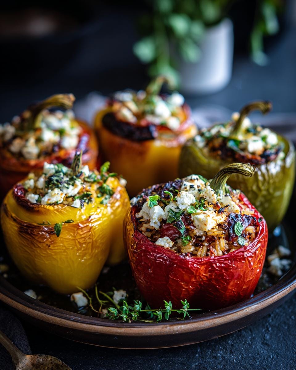 Colorful Gefüllte Paprika mit Reis & Feta, a vegetarian dish, served on a plate.