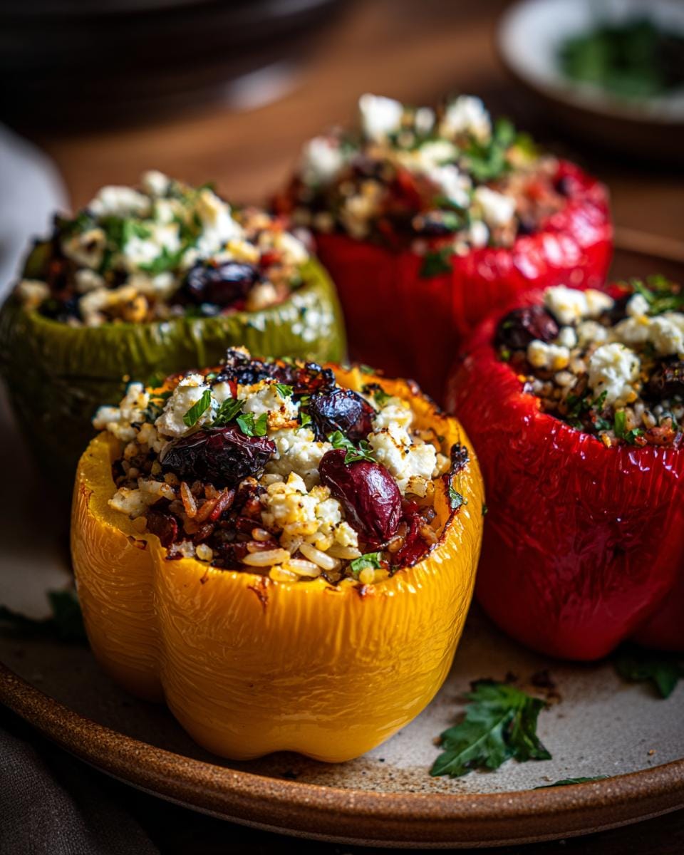 Colorful Gefüllte Paprika mit Reis & Feta, a delicious vegetarian dish, on a plate.