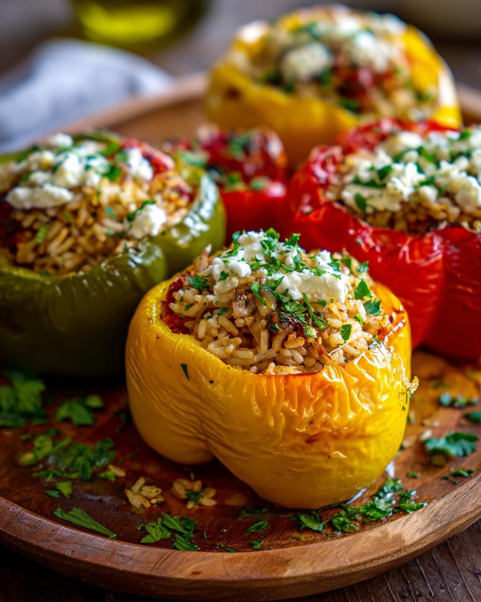 Colorful Gefüllte Paprika mit Reis & Feta, a simple vegetarian dish, on a wooden plate.