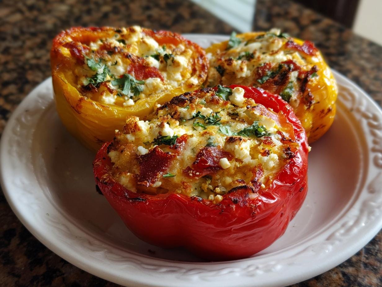 Three Gefüllte Paprika mit Reis & Feta, a delicious and simple vegetarian dish, on a white plate.