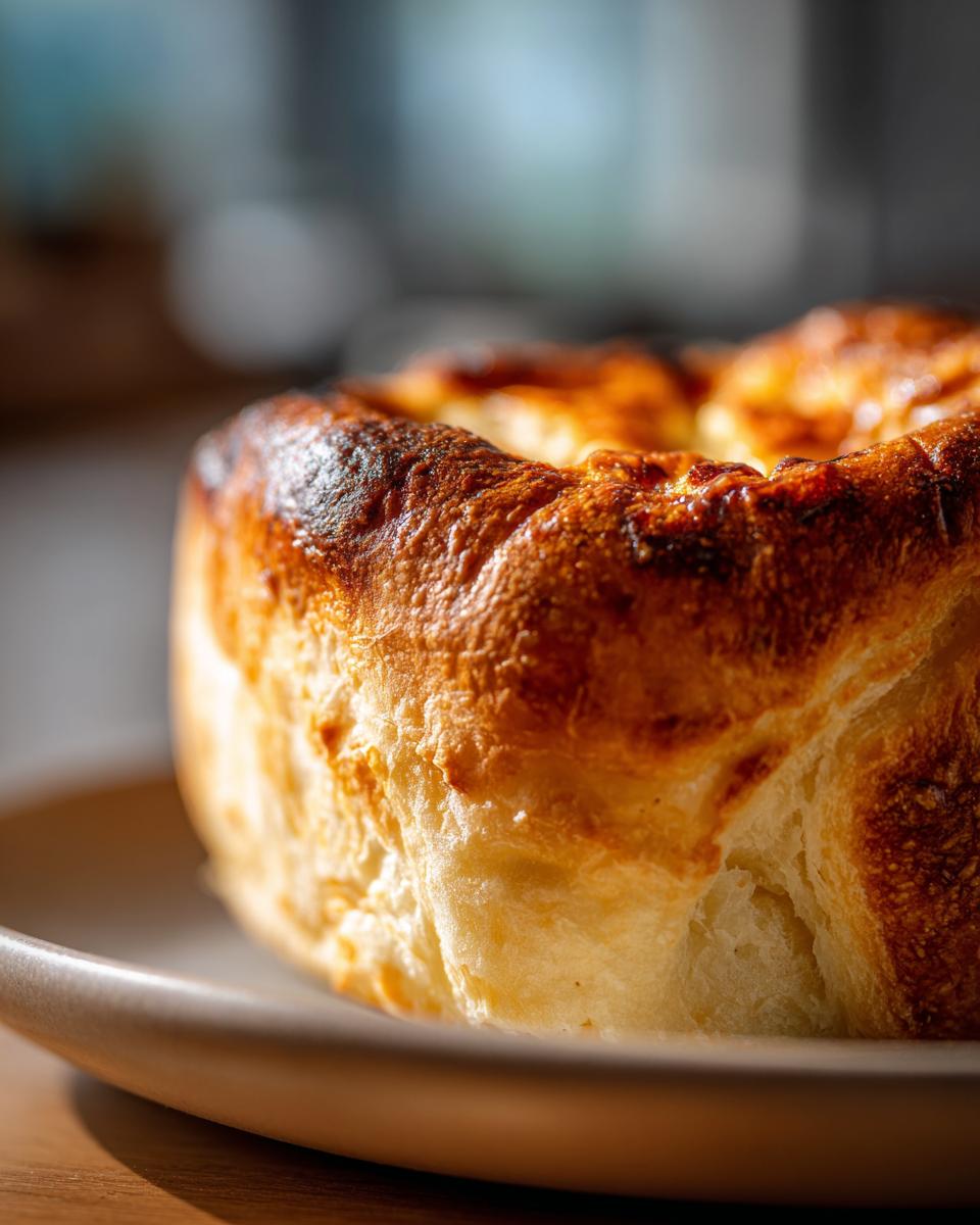 Close-up of a golden Gefülltes Pfannenbrot mit nur 4 Zutaten on a plate, showcasing its texture.
