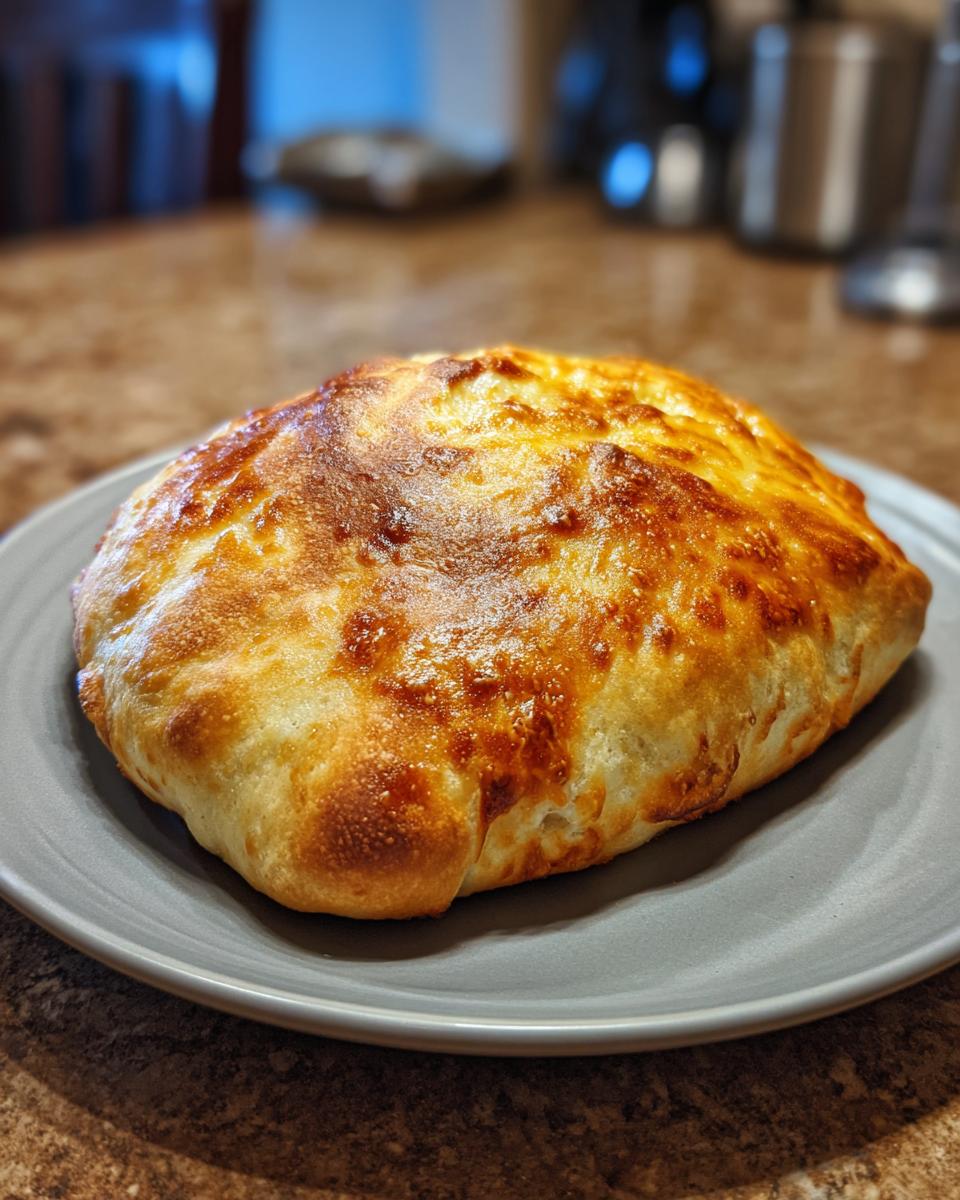 A golden-brown Gefülltes Pfannenbrot mit nur 4 Zutaten sits on a gray plate, ready to be enjoyed.