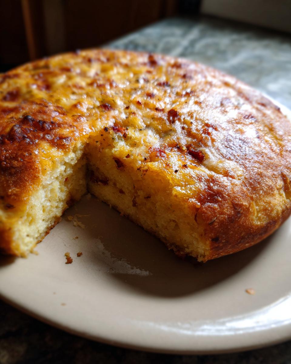 A slice removed from a Gefülltes Pfannenbrot mit 4 Zutaten, showing the bread's texture and filling.