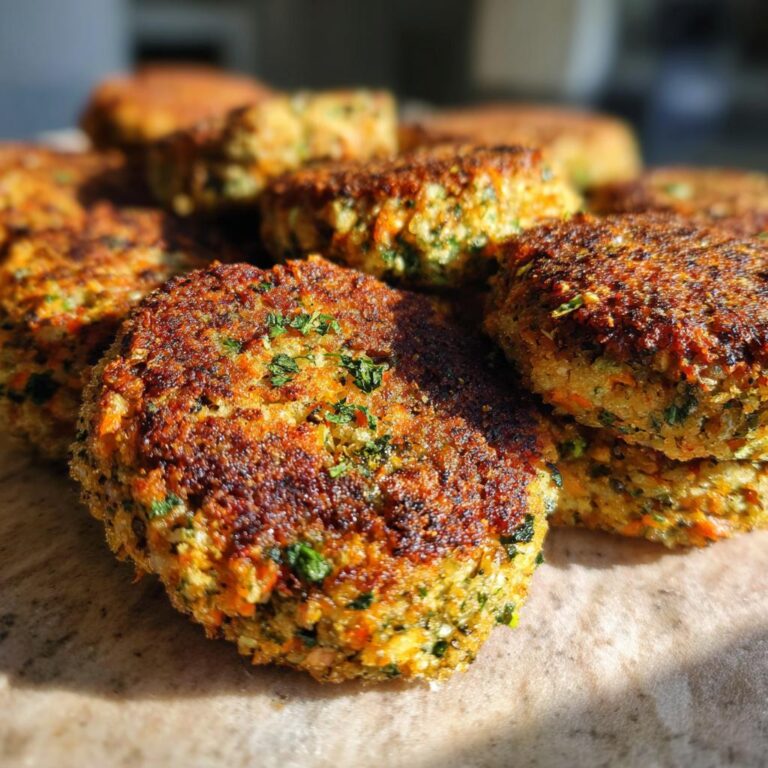 Nahaufnahme von frisch zubereiteten Gemüsefrikadellen, gestapelt und bereit zum Servieren.