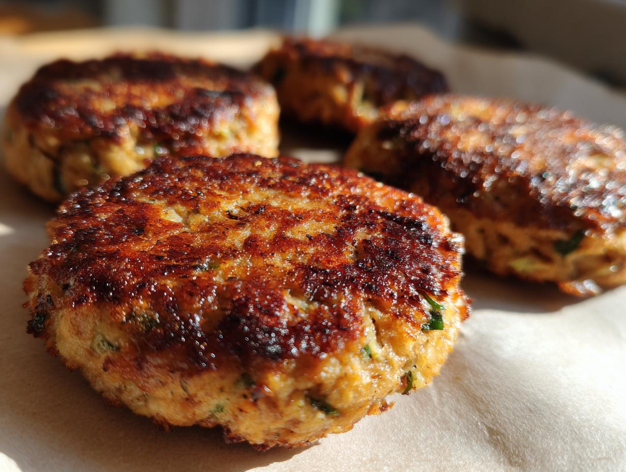 Close-up of freshly cooked Gemüsefrikadellen, or German vegetable patties, on parchment paper.